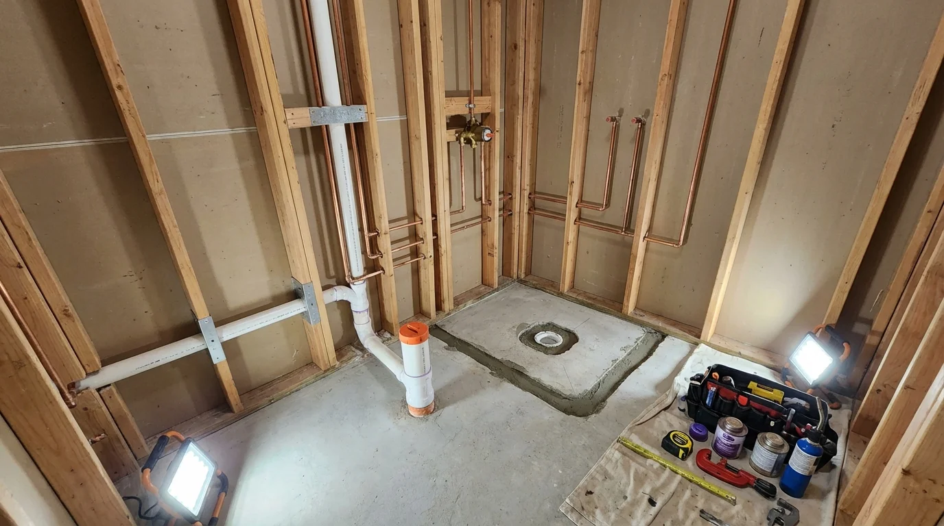 Bathroom rough-in plumbing during remodel by Johns Plumbing LLC in New Kensington