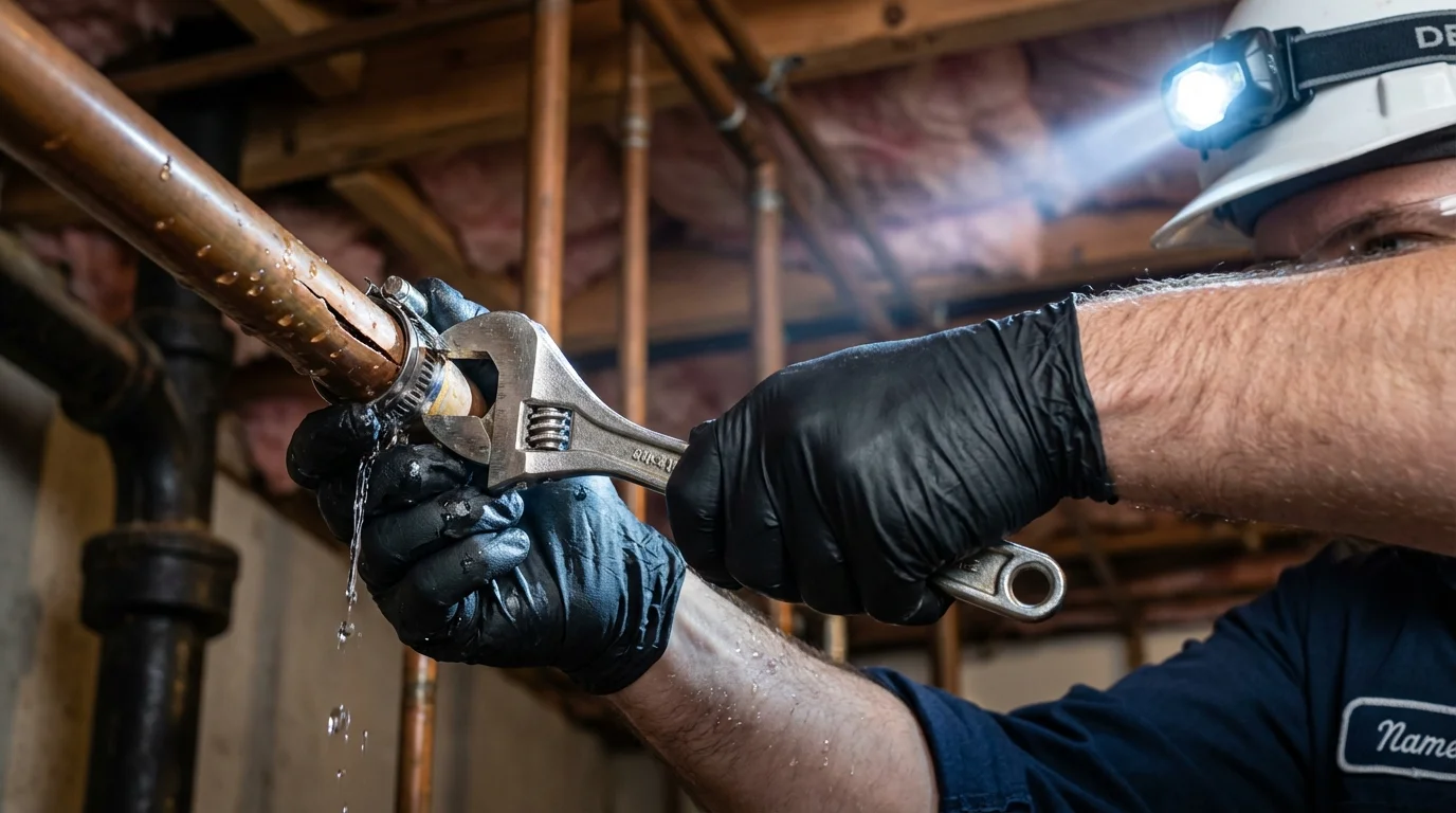 Emergency pipe clamp repair being performed by a Johns Plumbing LLC plumber in New Kensington