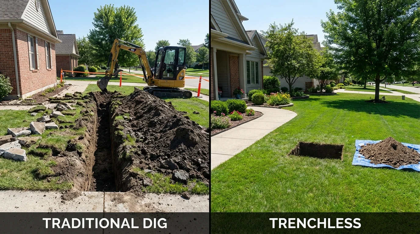 Trenchless sewer repair with minimal yard damage versus traditional excavation in New Kensington, PA