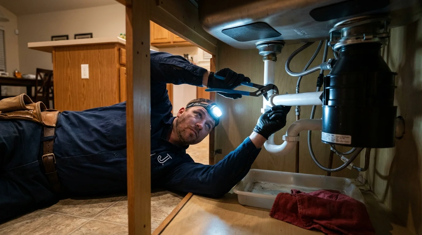 P-trap and supply line connections under a kitchen sink showing a common leak point in New Kensington, PA